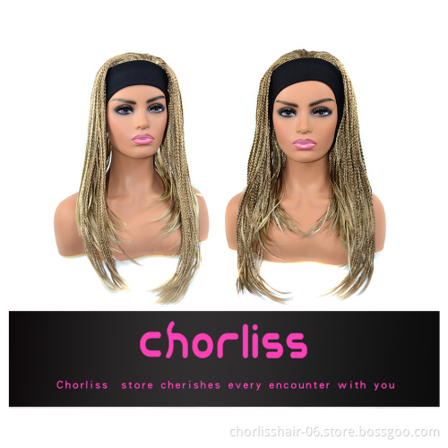 Wholesale Grey Black Blonde Box Braids Turban Wigs Ombre Afro Synthetic Heat Synthetic Hair Wigs Headband Attached For Women